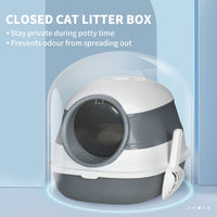 HKM-9318333 Dome Covered Cat Litter Box with Lid, White and Gray, Features Privacy Door, Grate, and Litter Scoop