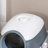 HKM-9318333 Dome Covered Cat Litter Box with Lid, White and Gray, Features Privacy Door, Grate, and Litter Scoop