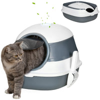 HKM-9318333 Dome Covered Cat Litter Box with Lid, White and Gray, Features Privacy Door, Grate, and Litter Scoop