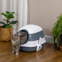 HKM-9318333 Dome Covered Cat Litter Box with Lid, White and Gray, Features Privacy Door, Grate, and Litter Scoop