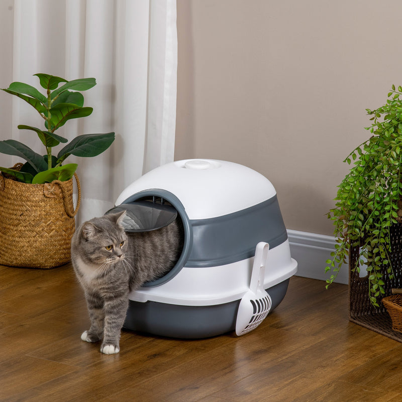 HKM-9318333 Dome Covered Cat Litter Box with Lid, White and Gray, Features Privacy Door, Grate, and Litter Scoop
