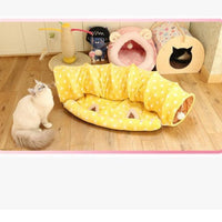 HKM-931923 Cat Tunnel and Sleeping Bag with Pet Litter Pad – Soft Cloth Resting Space in Pink and Yellow