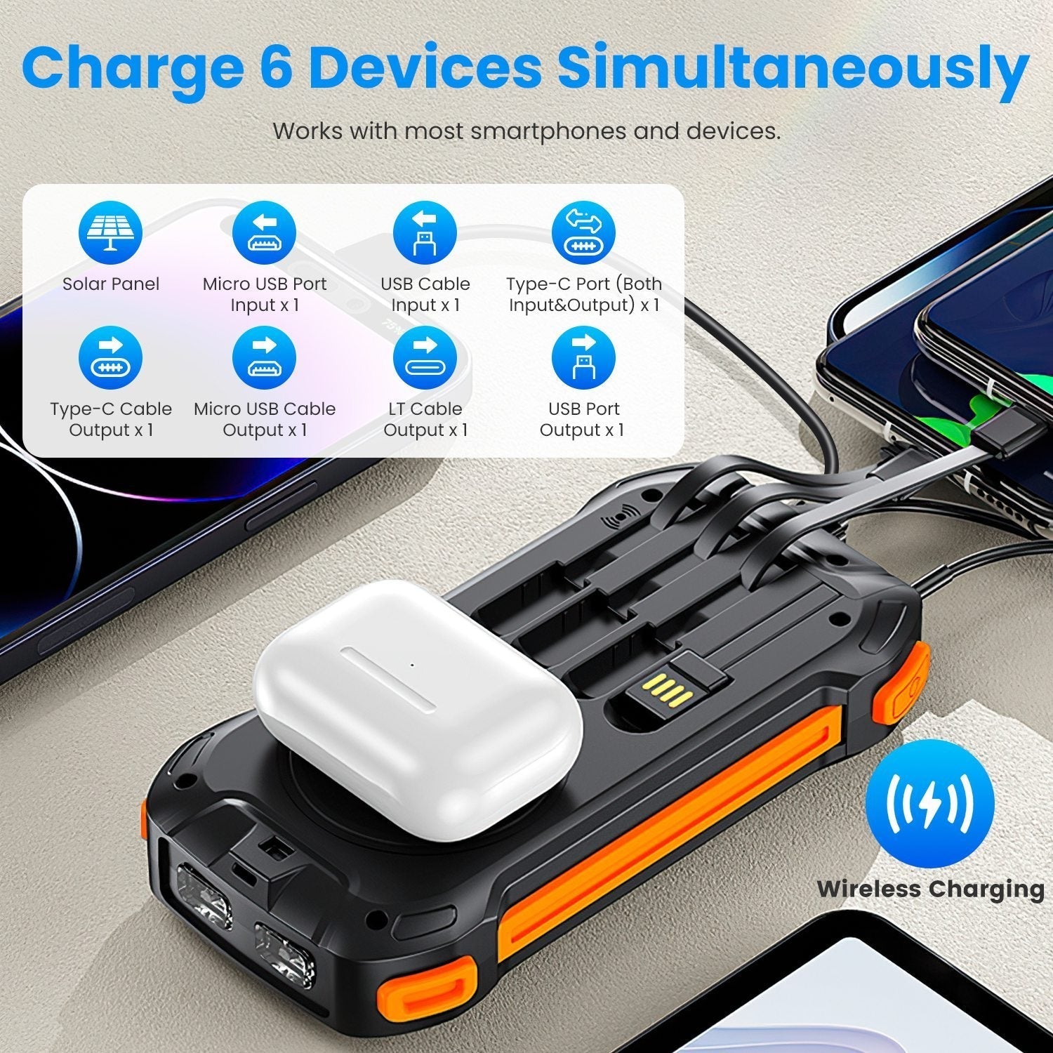 HKM-932179 Portable 49,800mAh Solar Power Bank with Built-In Cables, Wireless Charging, and LED Flashlight for Outdoor Adventures
