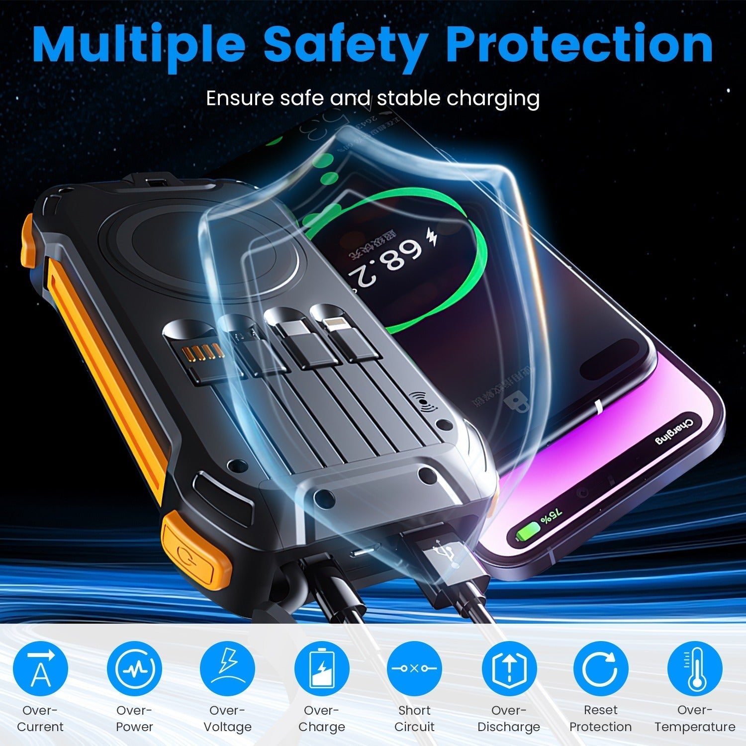 HKM-932179 Portable 49,800mAh Solar Power Bank with Built-In Cables, Wireless Charging, and LED Flashlight for Outdoor Adventures