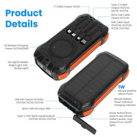 HKM-932179 Portable 49,800mAh Solar Power Bank with Built-In Cables, Wireless Charging, and LED Flashlight for Outdoor Adventures