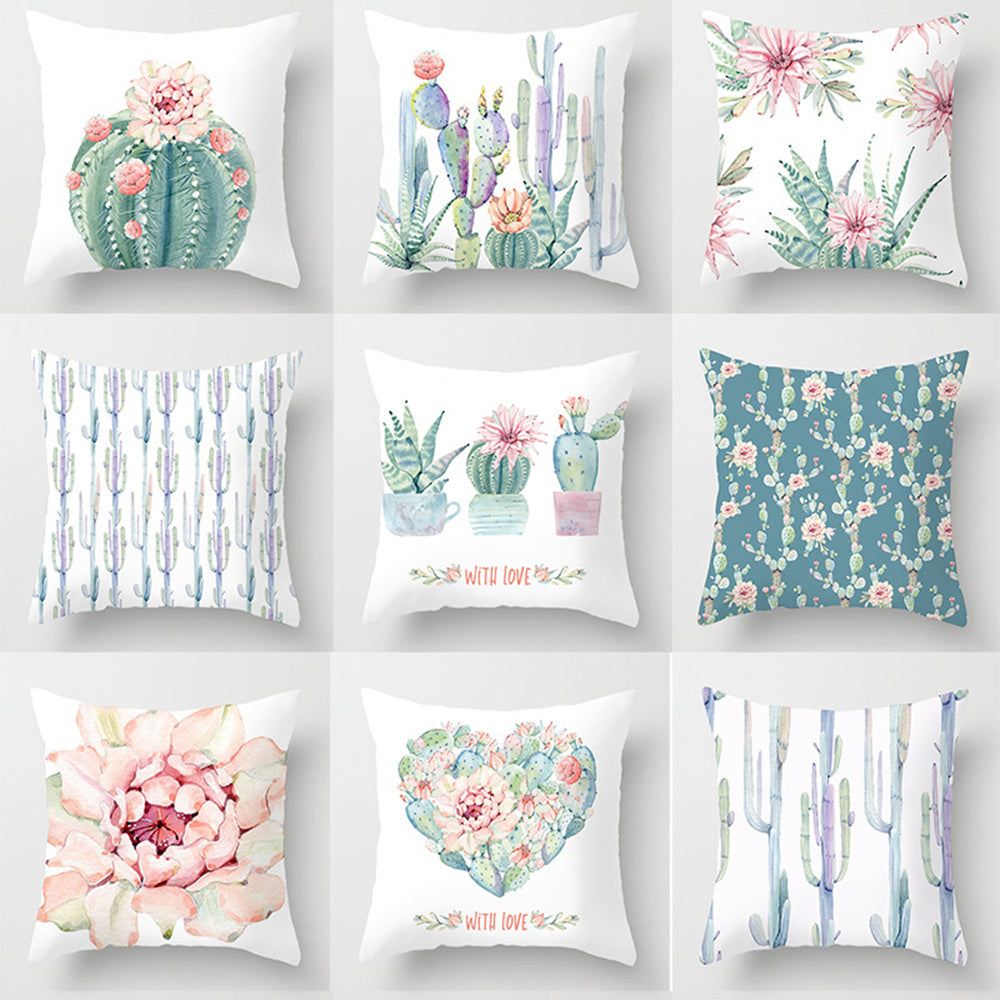 HKM-932179 Watercolor Cactus Flowers Green Succulents Cushion Cover, 45cm x 45cm, Durable Chemical Fiber, Easy Clean with Zipper