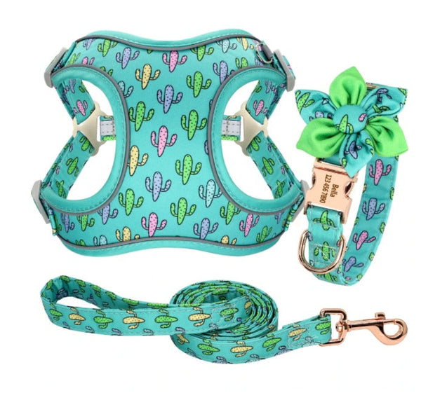 HKM-9321917 Small Dog Vest with Collar, Strap, and Chain - Adjustable Polyester in Cactus Print