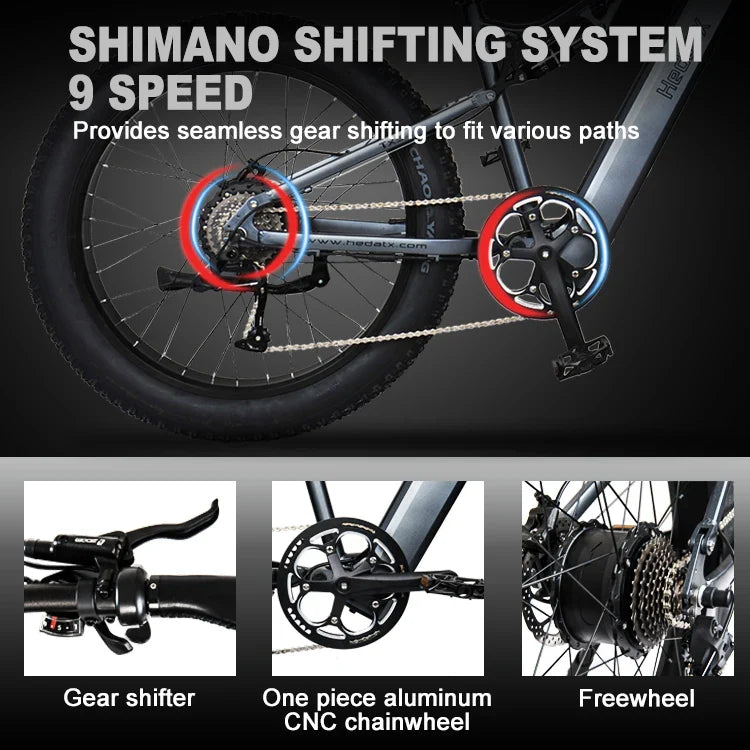 HKM-932435 26 Inch 9 Speed Electric Fat Tire Bike with Aluminum Frame - 30-50 Km/h Speed, Integrated Lithium Battery, Comfortable Saddle