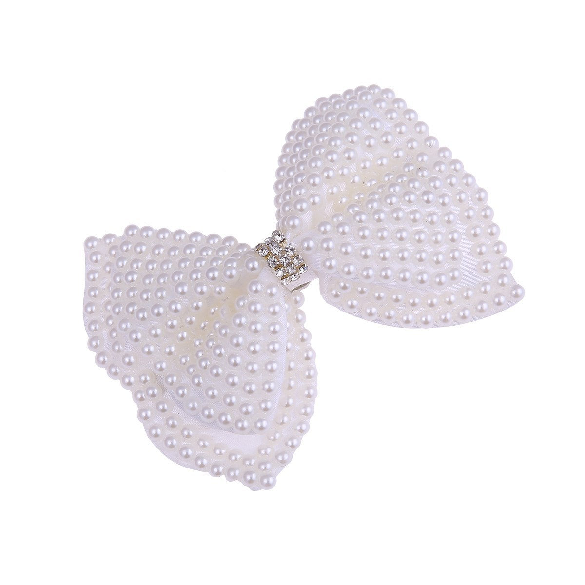 HKM-932691 Pearl Bow Hair Clip with White Crystal Accent for Women