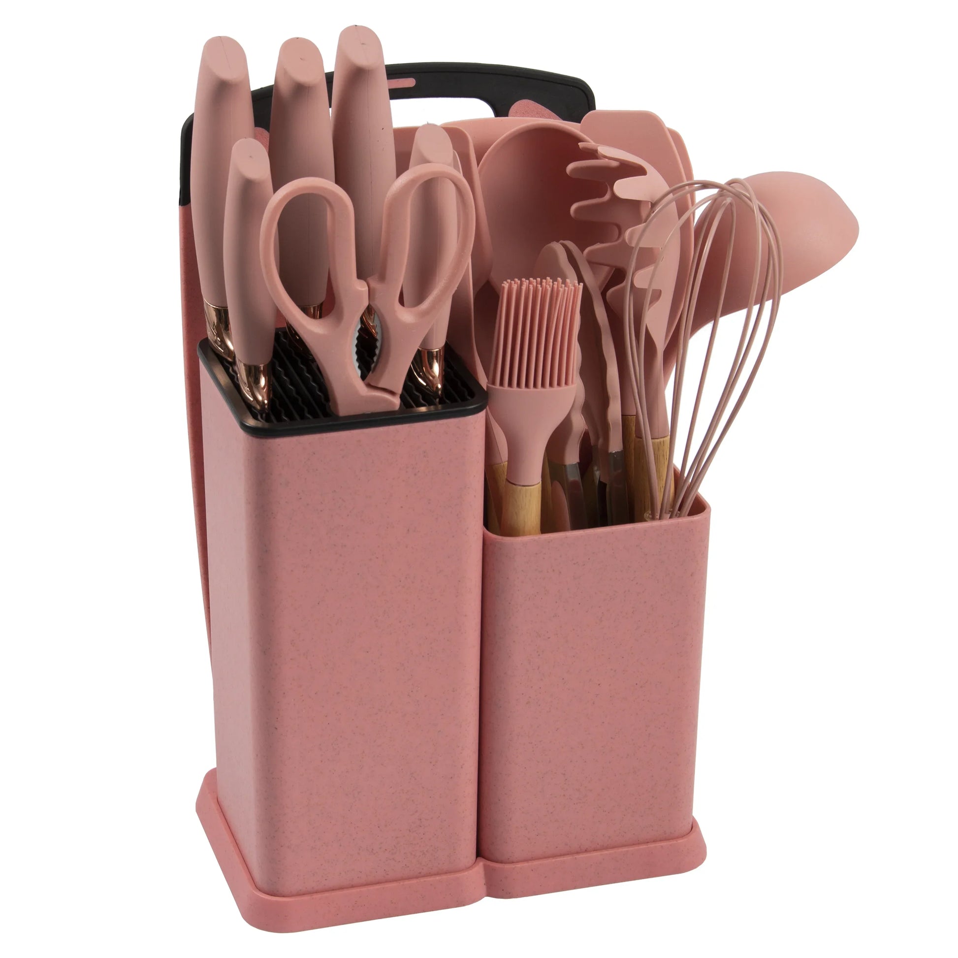 HKM-932819 19-Piece Silicone Kitchen Utensil Set with Wooden Handles and Storage Bucket
