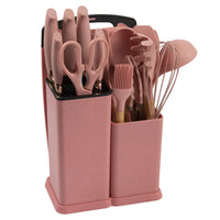 HKM-932819 19-Piece Silicone Kitchen Utensil Set with Wooden Handles and Storage Bucket