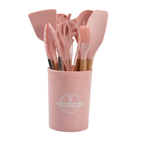 HKM-932819 19-Piece Silicone Kitchen Utensil Set with Wooden Handles and Storage Bucket