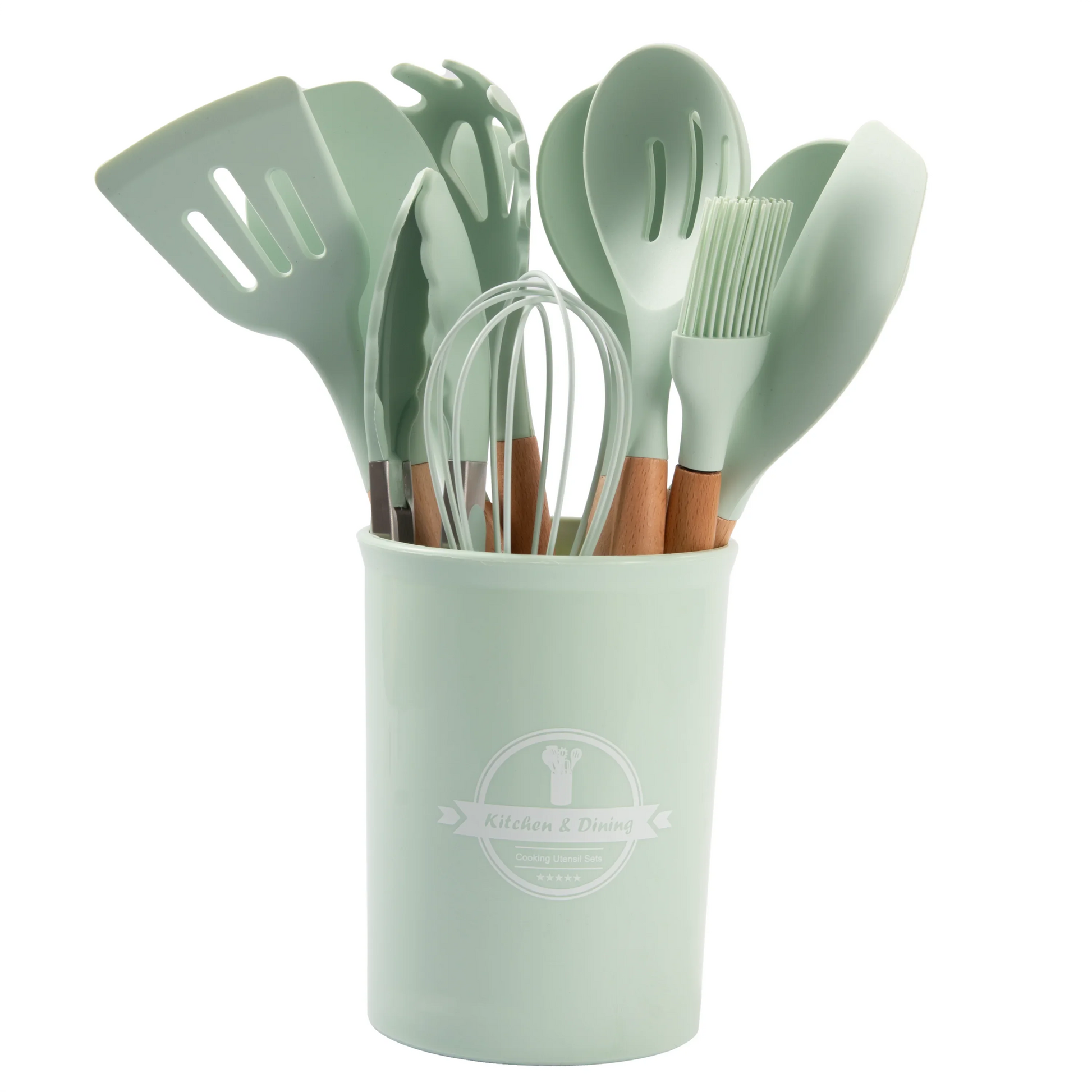 HKM-932819 19-Piece Silicone Kitchen Utensil Set with Wooden Handles and Storage Bucket