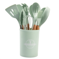 HKM-932819 19-Piece Silicone Kitchen Utensil Set with Wooden Handles and Storage Bucket