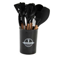 HKM-932819 19-Piece Silicone Kitchen Utensil Set with Wooden Handles and Storage Bucket