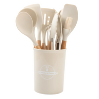 HKM-932819 19-Piece Silicone Kitchen Utensil Set with Wooden Handles and Storage Bucket