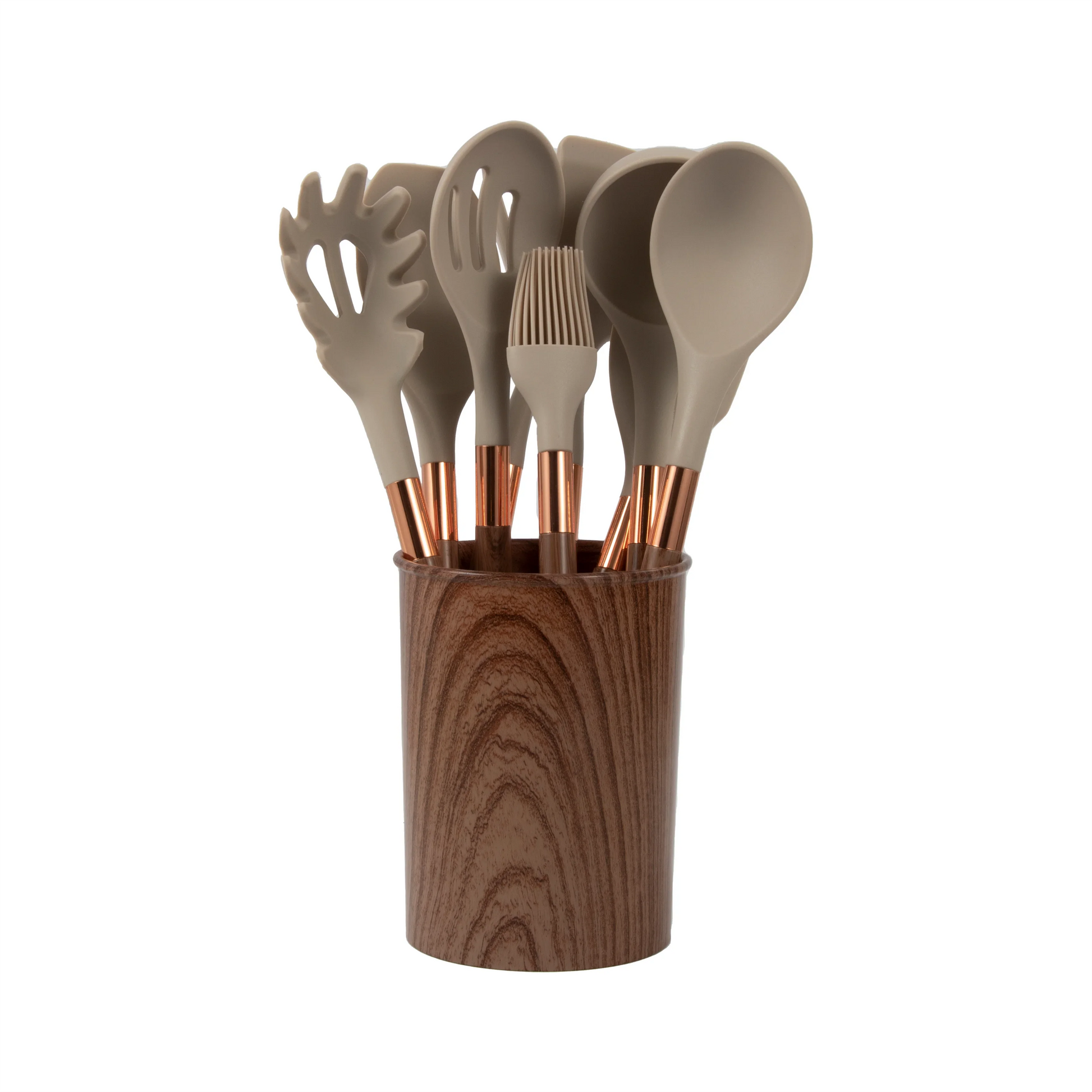 HKM-932819 19-Piece Silicone Kitchen Utensil Set with Wooden Handles and Storage Bucket
