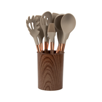 HKM-932819 19-Piece Silicone Kitchen Utensil Set with Wooden Handles and Storage Bucket
