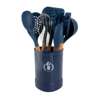 HKM-932819 19-Piece Silicone Kitchen Utensil Set with Wooden Handles and Storage Bucket