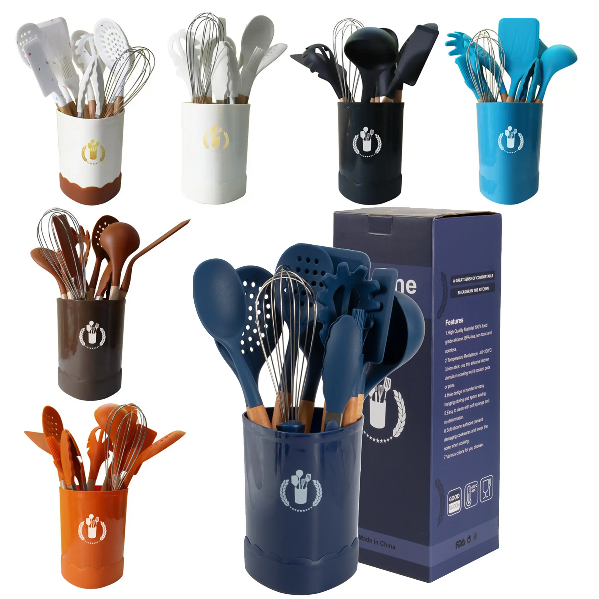HKM-932819 19-Piece Silicone Kitchen Utensil Set with Wooden Handles and Storage Bucket