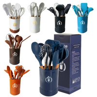 HKM-932819 19-Piece Silicone Kitchen Utensil Set with Wooden Handles and Storage Bucket