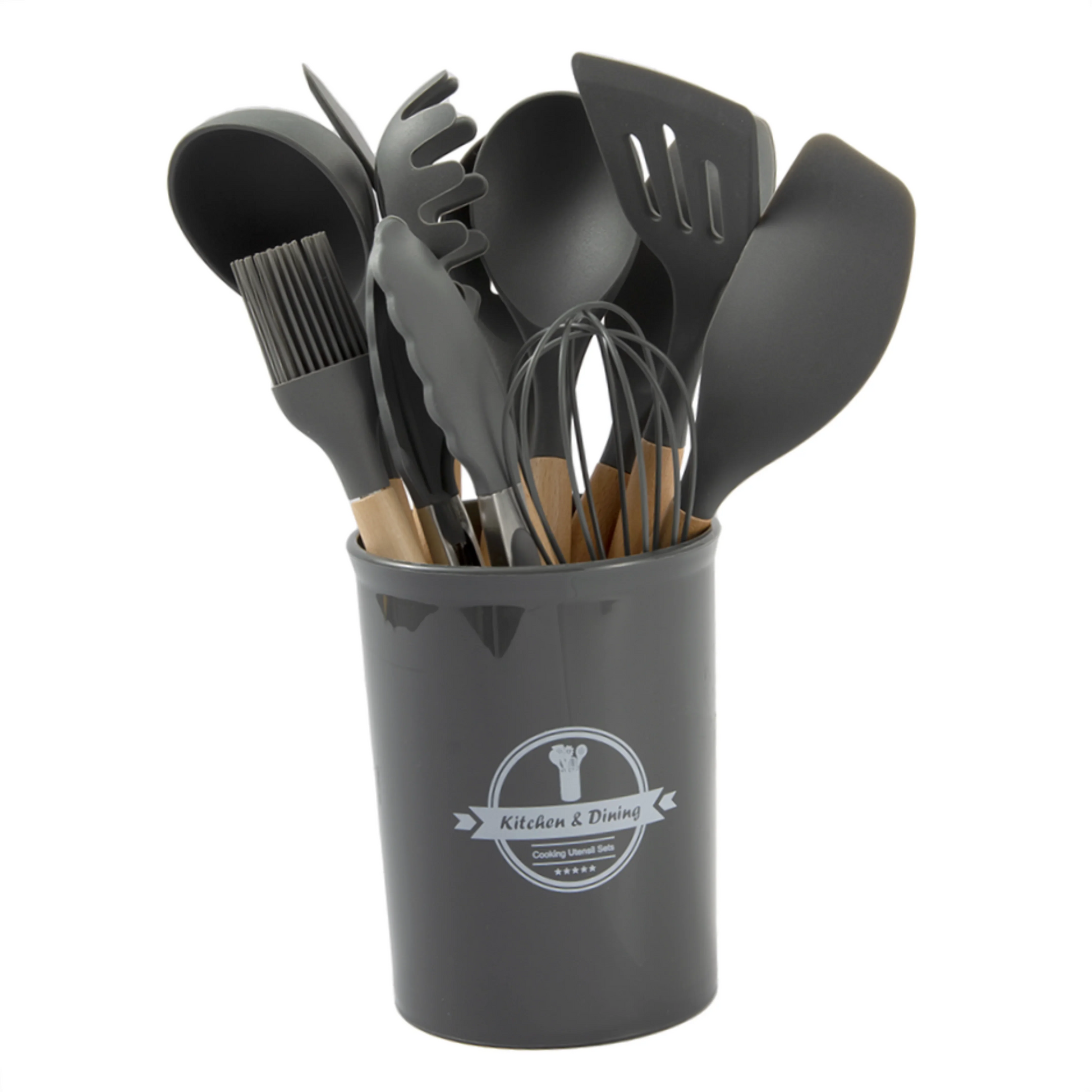 HKM-932819 19-Piece Silicone Kitchen Utensil Set with Wooden Handles and Storage Bucket