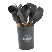 HKM-932819 19-Piece Silicone Kitchen Utensil Set with Wooden Handles and Storage Bucket