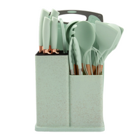 HKM-932819 19-Piece Silicone Kitchen Utensil Set with Wooden Handles and Storage Bucket