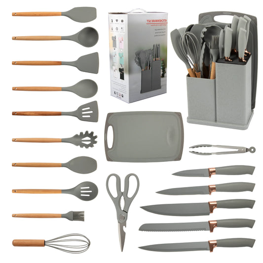 HKM-932819 19-Piece Silicone Kitchen Utensil Set with Wooden Handles and Storage Bucket