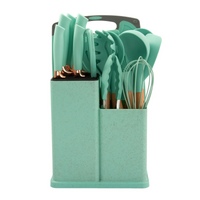 HKM-932819 19-Piece Silicone Kitchen Utensil Set with Wooden Handles and Storage Bucket