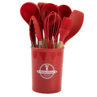 HKM-932819 19-Piece Silicone Kitchen Utensil Set with Wooden Handles and Storage Bucket
