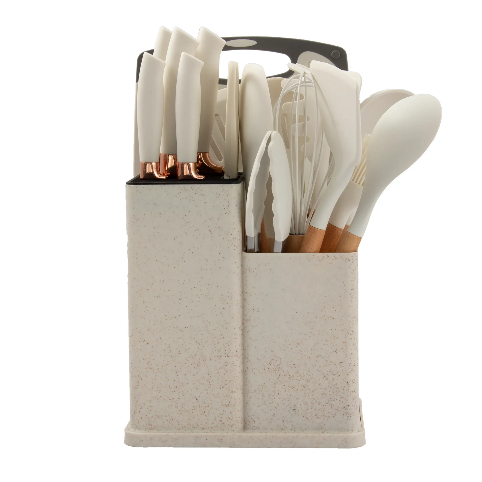 HKM-932819 19-Piece Silicone Kitchen Utensil Set with Wooden Handles and Storage Bucket