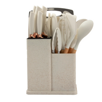 HKM-932819 19-Piece Silicone Kitchen Utensil Set with Wooden Handles and Storage Bucket