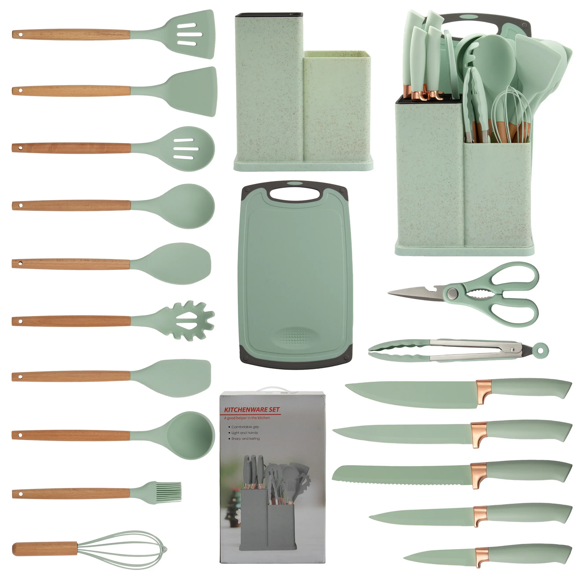 HKM-932819 19-Piece Silicone Kitchen Utensil Set with Wooden Handles and Storage Bucket