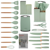 HKM-932819 19-Piece Silicone Kitchen Utensil Set with Wooden Handles and Storage Bucket