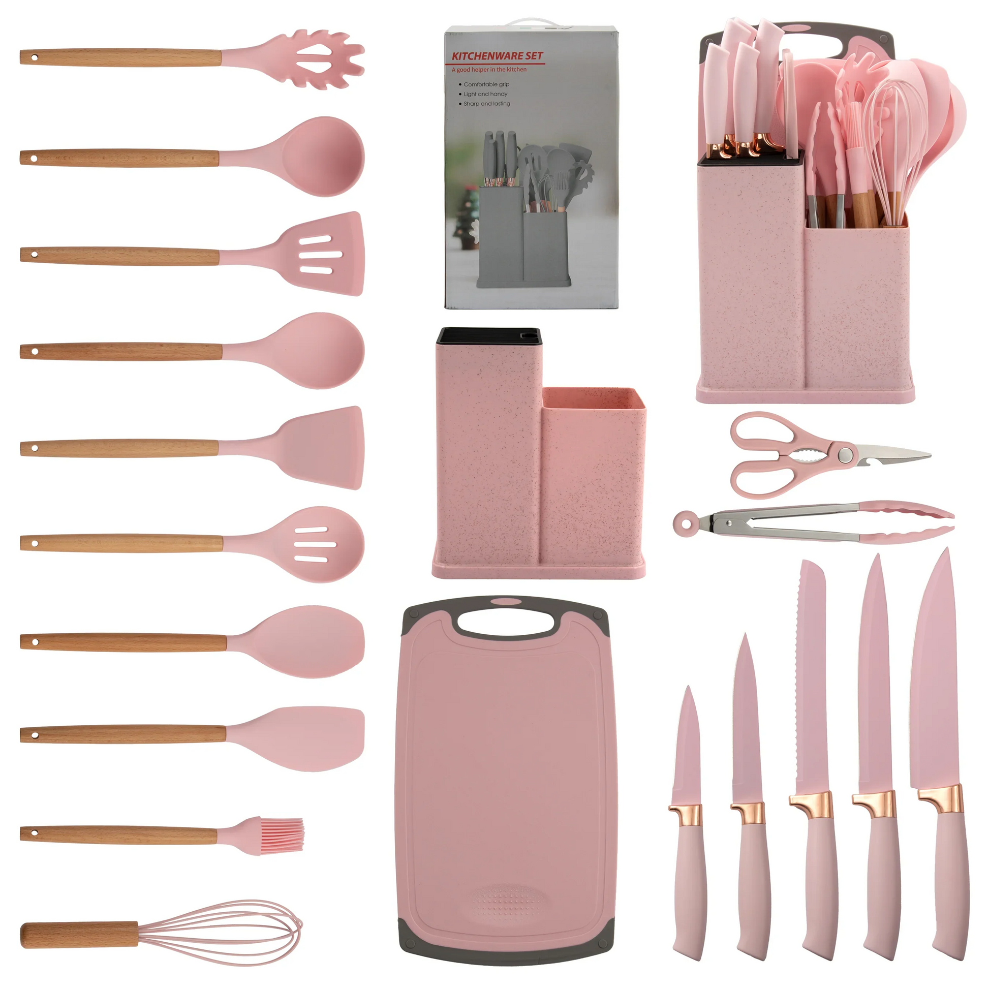 HKM-932819 19-Piece Silicone Kitchen Utensil Set with Wooden Handles and Storage Bucket