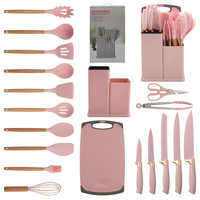 HKM-932819 19-Piece Silicone Kitchen Utensil Set with Wooden Handles and Storage Bucket