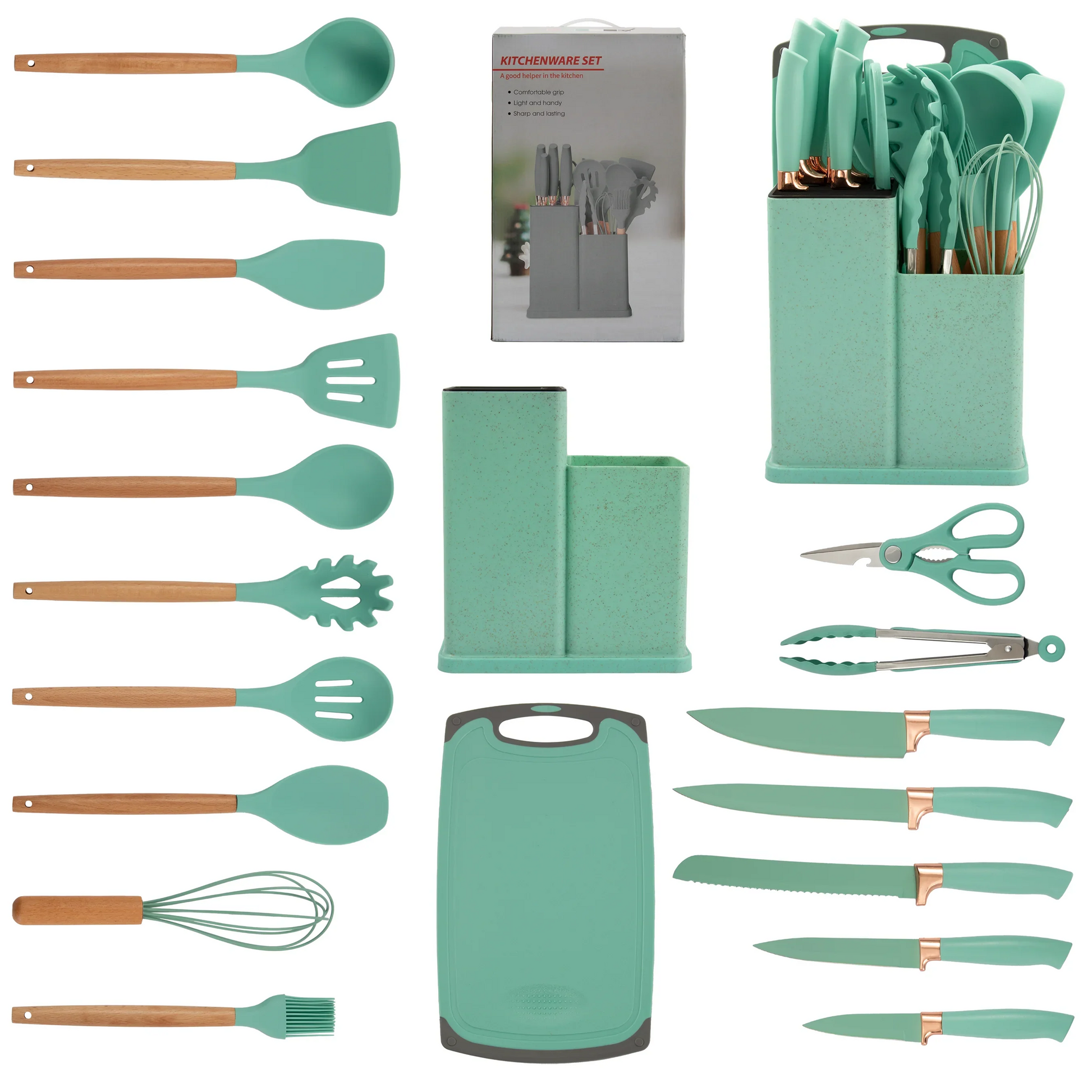 HKM-932819 19-Piece Silicone Kitchen Utensil Set with Wooden Handles and Storage Bucket