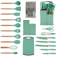 HKM-932819 19-Piece Silicone Kitchen Utensil Set with Wooden Handles and Storage Bucket