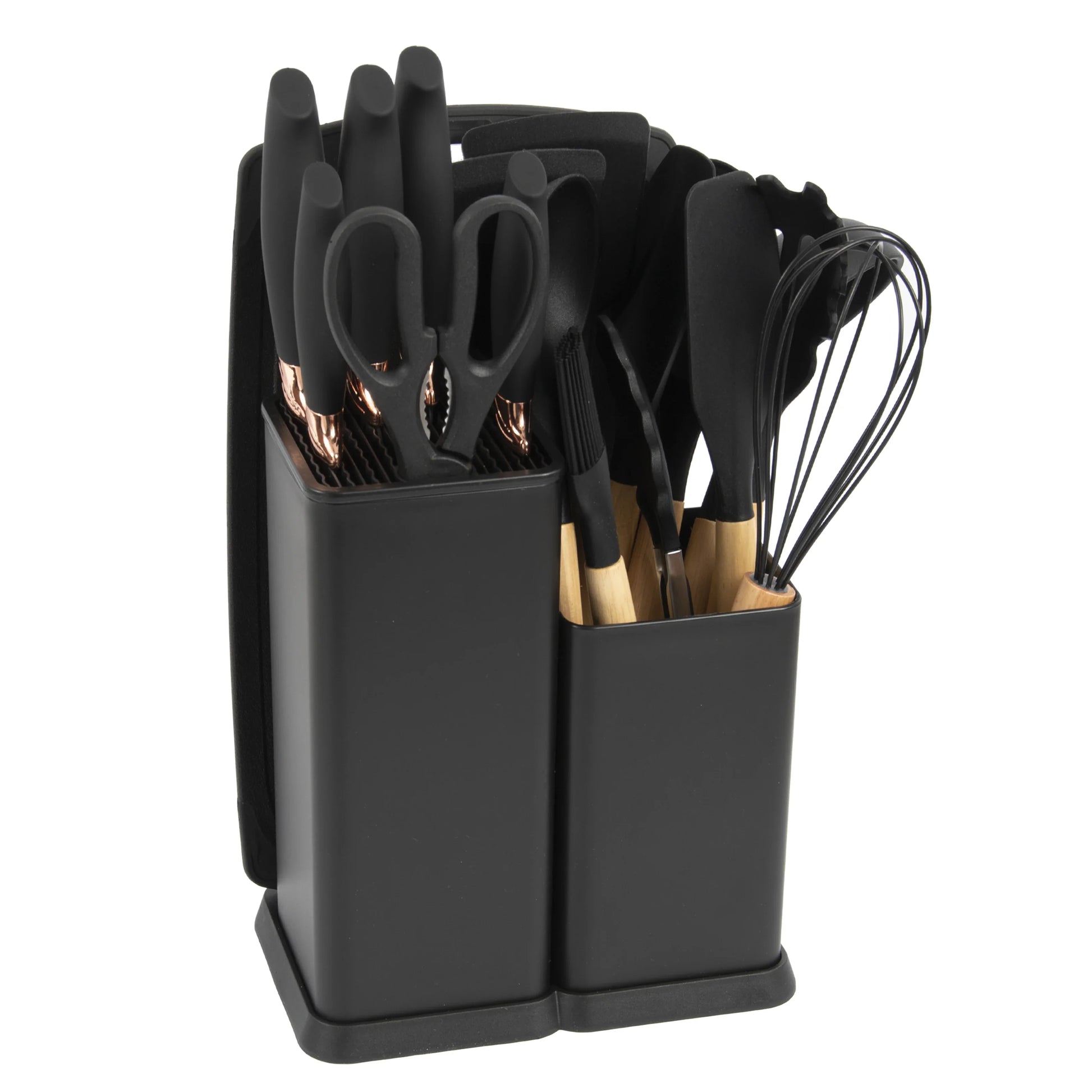 HKM-932819 19-Piece Silicone Kitchen Utensil Set with Wooden Handles and Storage Bucket