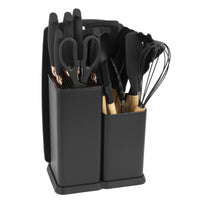 HKM-932819 19-Piece Silicone Kitchen Utensil Set with Wooden Handles and Storage Bucket