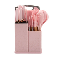 HKM-932819 19-Piece Silicone Kitchen Utensil Set with Wooden Handles and Storage Bucket