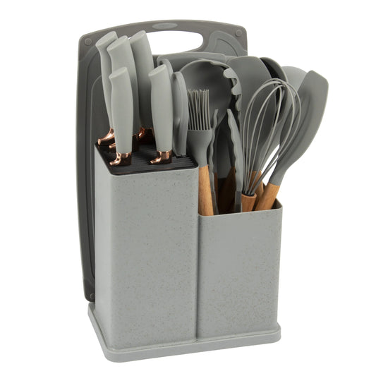 HKM-932819 19-Piece Silicone Kitchen Utensil Set with Wooden Handles and Storage Bucket