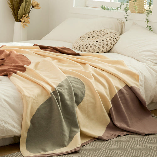 HKM-932883 Geometric Knitted Quilt Blanket for All Seasons - Bean Paste Powder & Sea Blue