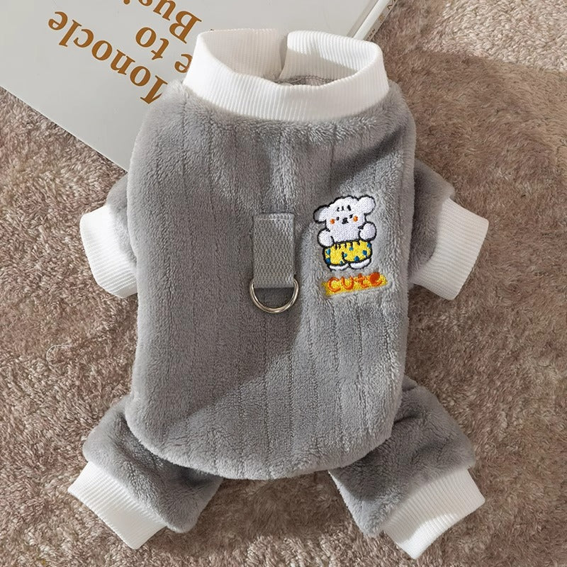 HKM-9332925 Cute Bear Plush Dog Jumpsuit with Leash Ring - Cozy Winter Pet Coat for Small Dogs