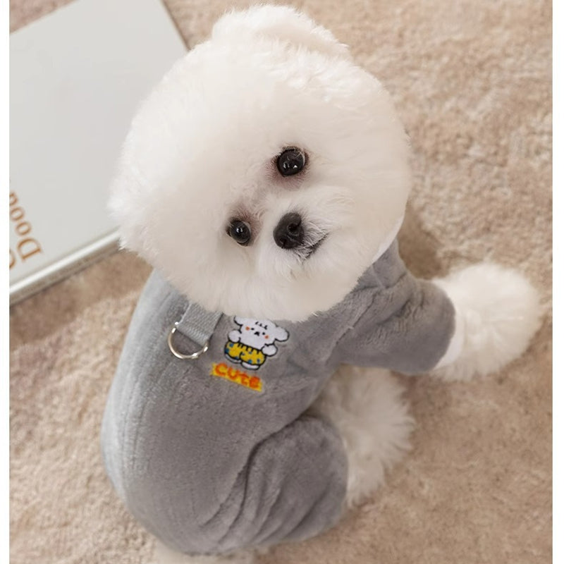 HKM-9332925 Cute Bear Plush Dog Jumpsuit with Leash Ring - Cozy Winter Pet Coat for Small Dogs