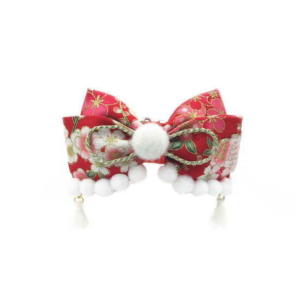 HKM-9336125 Handmade Red Festive Pet Collar with Bow for Cats and Dogs
