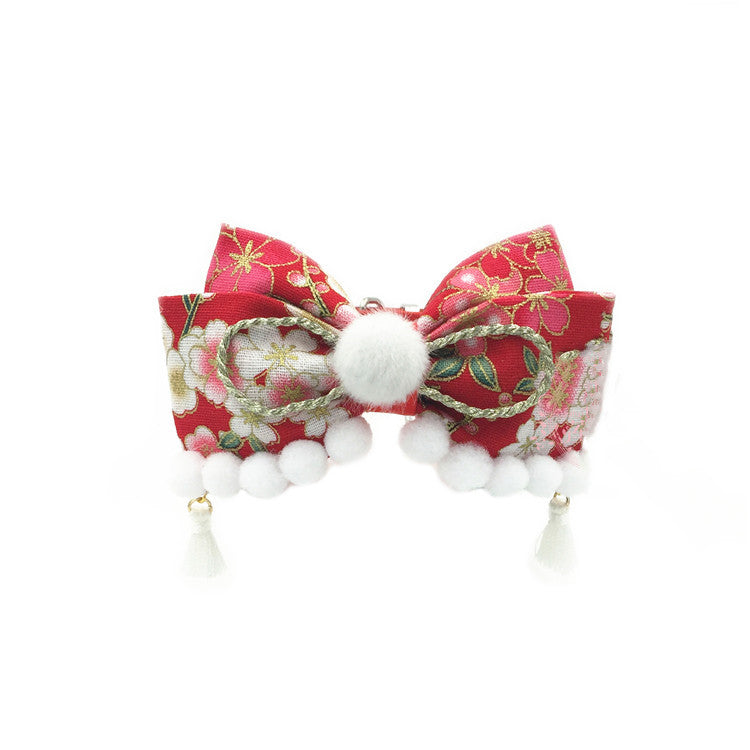 HKM-9336125 Handmade Red Festive Pet Collar with Bow for Cats and Dogs