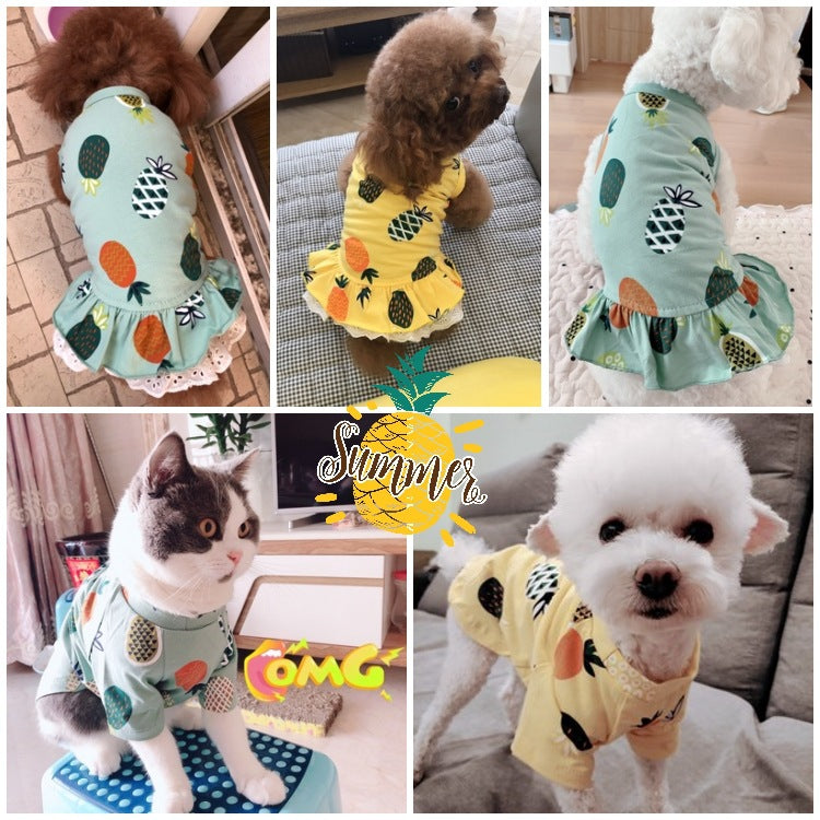 HKM-9336509 Summer Cotton Pet Skirt and T-Shirt Set for Small Dogs and Cats in Pineapple Designs