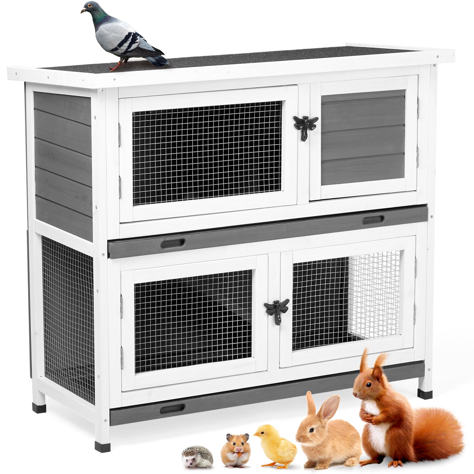 HKM-9337789 2-Story Rabbit Hutch with Tray, Weather-Resistant Grey Cedar Housing for Small Pets